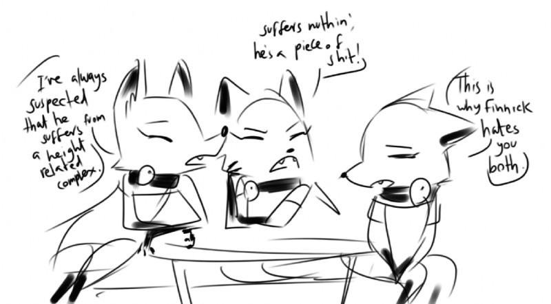 anthro collar dialogue eyes_closed female furniture group shock_collar simple_background sitting speech_bubble table teeth text white_background nicolaswildes_(artist) disney zistopia zootopia arctic_fox_masseuse_(zootopia) arctic_fox canid canine fox mammal true_fox english_text monochrome