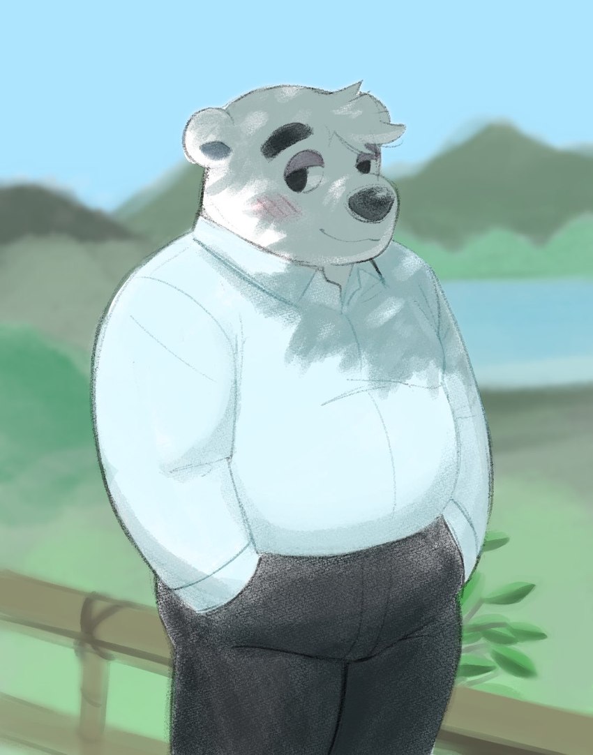 anthro blush blush_lines fur hand_in_pocket hands_in_both_pockets male outside pockets solo standing white_body white_fur 20daysapple aggretsuko sanrio shirota_(aggretsuko) bear mammal polar_bear ursine 2021 hi_res