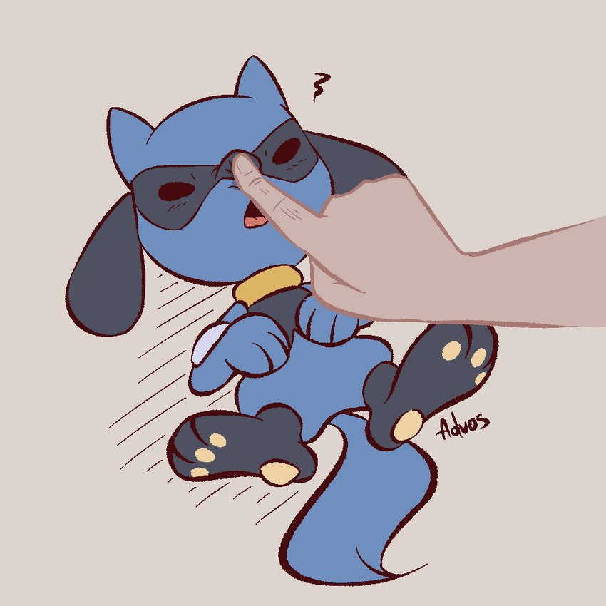 ambiguous_gender anthro blue_body boop duo fingers open_mouth pawpads tail tongue young young_anthro advos nintendo pokemon generation_4_pokemon human mammal pokemon_(species) riolu 1:1