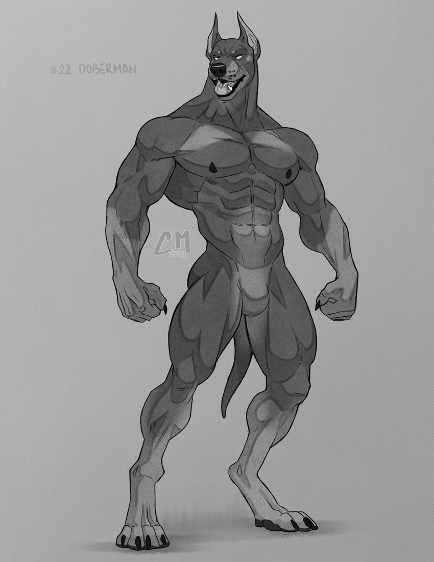 4_toes 5_fingers abs anthro big_chest big_muscles broad_shoulders claws digitigrade featureless_crotch feet finger_claws fingers fist gloves_(marking) grey_background leg_markings logo looking_at_viewer male markings muscular muscular_anthro muscular_male nipples nude open_mouth pawpads paws pecs serratus simple_background smile socks_(marking) solo standing tail teeth text thick_neck toe_claws toes tongue whisker_spots classicmuzzle_(artist) weretober canid canine canis dobermann domestic_dog mammal pinscher were werecanid werecanine weredog 2023 artist_logo hi_res monochrome shaded