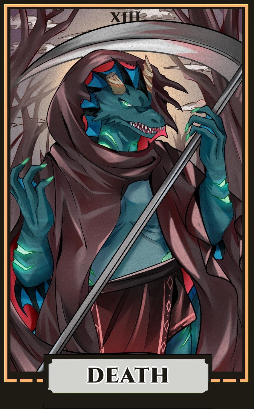 anthro card clothed clothing costume fin glowing glowing_markings green_body major_arcana male markings simple_background tarot tarot_card teeth text whiskers fellicaleandra riptide_(sealmode) hybrid marine sea_monster digital_media_(artwork) hi_res