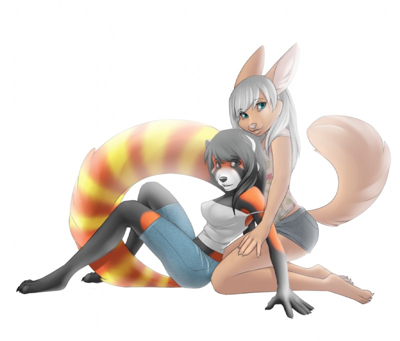 anthro barefoot black_body black_fur black_hair black_nose bottomwear brown_eyes clothed clothing duo feet female fluffy fluffy_tail fur green_eyes hair kneeling long_tail looking_at_viewer markings orange_body orange_fur paws pink_nose shirt shorts simple_background sitting striped_markings striped_tail stripes tail tail_markings tan_body tan_fur topwear white_background white_hair fionafortunecookie ailurid canid canine fox mammal red_panda