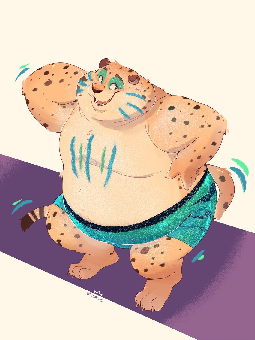 3_toes anthro belly big_cheeks biped chubby_cheeks clothed clothed_anthro clothed_male clothing feet fingers male male_anthro overweight overweight_anthro overweight_male solo tail teeth toes riisago disney zootopia benjamin_clawhauser cheetah felid feline mammal hi_res