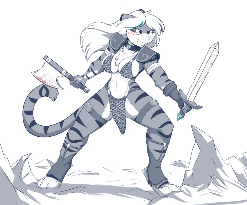 anthro armlet armor axe barefoot battle_axe bikini_armor blood bodily_fluids bottomwear breasts chest_tuft choker clothing digitigrade dual_wielding feet female fur gauntlets gloves hair handwear holding_object holding_weapon jewelry legband loincloth long_hair melee_weapon necklace shoulder_guards smile solo striped_body striped_fur stripes sword thighband tuft unconvincing_armor weapon infinitedge aegis_(infinitedge) felid mammal pantherine tiger 2023 6:5 hi_res sketch