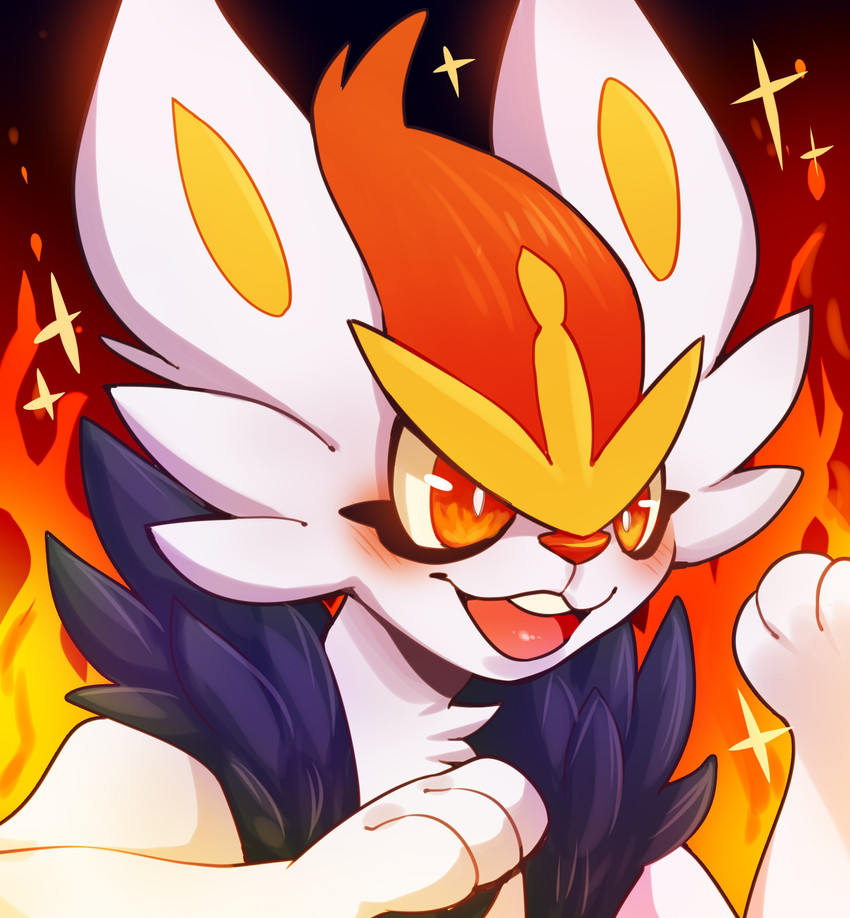 ambiguous_gender blush fire fur open_mouth orange_eyes solo teeth tongue daxratchet nintendo pokemon cinderace generation_8_pokemon lagomorph mammal pokemon_(species) 2019 absurd_res hi_res