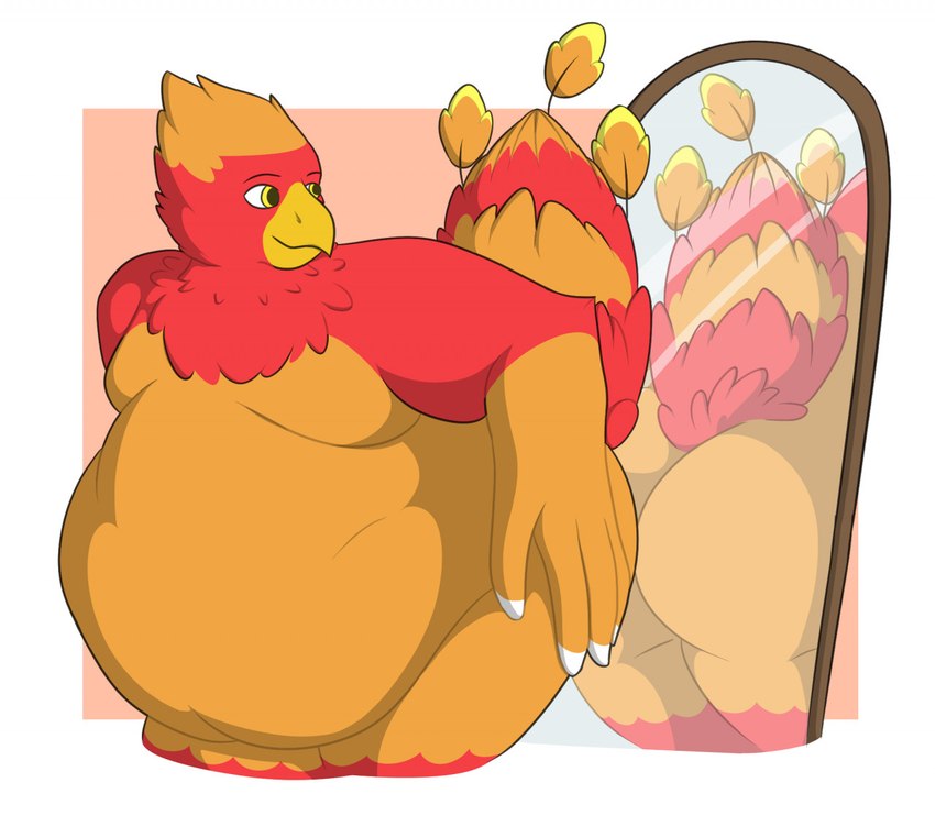 4_fingers anthro beak belly big_belly big_butt butt chest_tuft closed_beak closed_smile feather_hands feathers fingers hand_on_hip looking_at_mirror looking_at_object male male_anthro mirror moobs mouth_closed multicolored_body multicolored_feathers nude_anthro nude_male obese obese_anthro orange_body orange_feathers orange_tail overweight overweight_anthro red_body red_feathers red_tail reflection simple_background smile solo tail tail_feathers thick_thighs thin_eyebrows tuft two_tone_body two_tone_feathers yellow_beak yellow_eyes theannoyingnpc european_mythology greek_mythology mythology ember_(emberthephoenix) avian mythological_avian mythological_bird mythological_creature mythological_firebird phoenix 2020 colored digital_drawing_(artwork) digital_media_(artwork) english_description shaded simple_shading