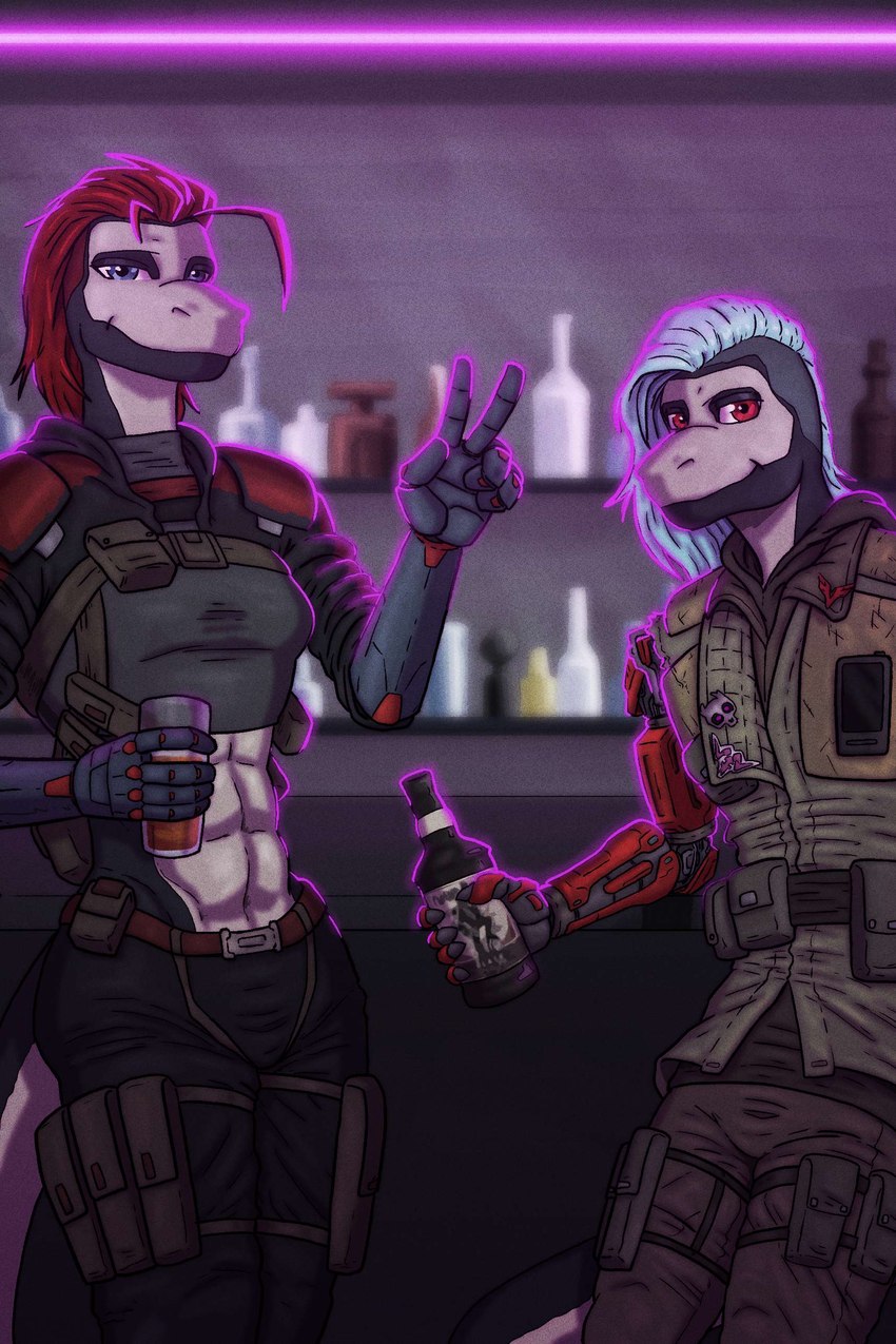 alcohol alternative_fashion anthro beverage cybernetic_arm cybernetic_limb cyberpunk duo female male male/female pose punk punk_hair rum shaved_sides tactical_gear tomboy pencilsmith_artwork captain_morgan diageo ghost_recon shadowrun tom_clancy's_(series) ubisoft xira_decobray xiro_decobray reptile scalie snake absurd_res hi_res