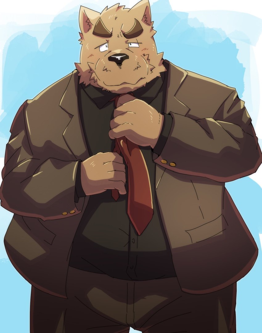 anthro belly big_belly black_nose bottomwear brown_body brown_fur clothing fur humanoid_hands kemono male necktie overweight overweight_male pants shirt solo topwear emufu canid canine canis domestic_dog mammal 2022 hi_res