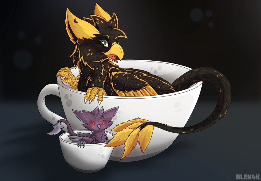 beak beverage black_body black_fur claws container cup duo feathers feral fur green_eyes male moon purple_body red_eyes simple_background solo tea wings yellow_body yellow_fur blen4k mythology blench galyun avian bird gryphon mythological_avian mythological_creature hi_res