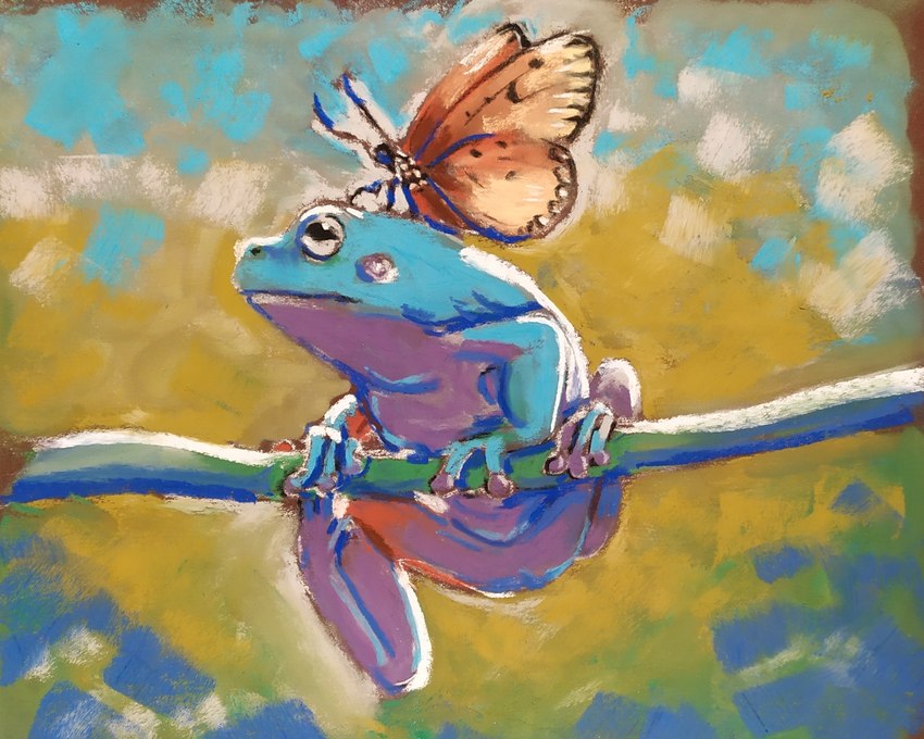 abstract_background ambiguous_gender blue_body duo feral fur insect_wings multicolored_body orange_body orange_fur realistic simple_background two_tone_body white_body wings gekasso amphibian arthropod butterfly frog insect lepidopteran 2022 hi_res pastel_(artwork) traditional_media_(artwork)