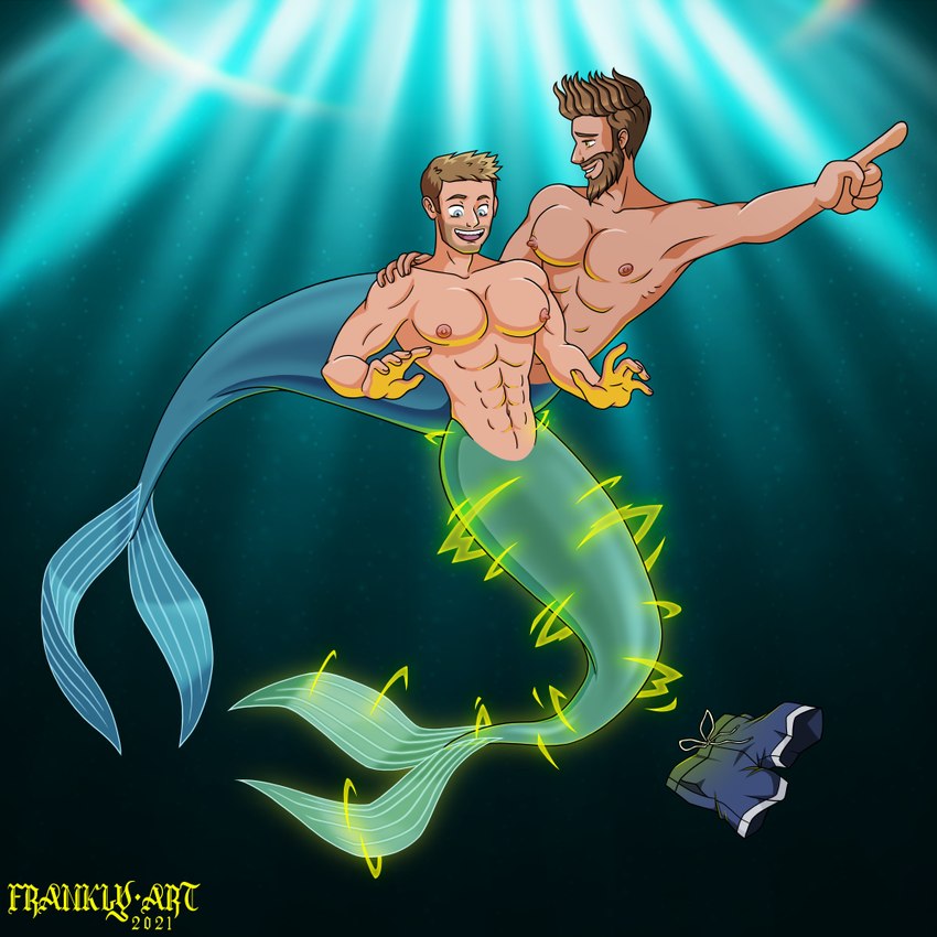 abs barazoku beard clothing duo erect_nipples facial_hair glowing hair lgbt_couple lgbt_pride magic male male/male mermen muscular navel nipples pecs smile split_form swimwear transformation transformation_through_magic underwater waist waists water frankly-art mermay humanoid marine merfolk 1:1 alternate_version_at_source