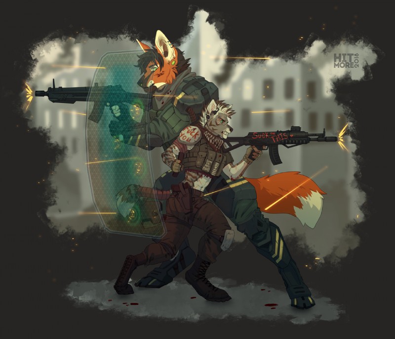 5_fingers advanced_shield anthro assault_rifle black_nose blood bodily_fluids boots bullet clothed clothing digitigrade duo ear_piercing energy_shield facial_piercing fingers fog footwear fur gauged_ear green_eyes gun holding_gun holding_object holding_ranged_weapon holding_weapon male nose_piercing orange_body orange_fur piercing profanity ranged_weapon rifle riot_shield sci-fi_shield shield shoes weapon hitmore sybil_(deathhydra) varas canid canine hyena mammal maned_wolf striped_hyena 2018 digital_media_(artwork)