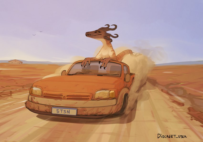 ambiguous_gender brown_body brown_eyes car claws detailed_background driving duo dust_cloud feral gas_mask horn mask multicolored_body outside smile tan_body toe_claws vehicle yellow_sclera discreet_user horndag_(discreet_user) lucy_(discreet_user) human mammal 2025 digital_media_(artwork) hi_res