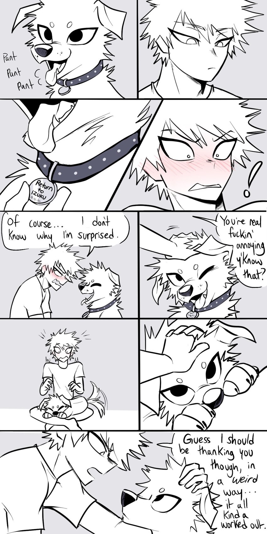 alternate_species blush collar dialogue duo feral feralized furrification male one_eye_closed smile snout square_crossover text tongue tongue_out pretty_werewolf my_hero_academia izuku_midoriya katsuki_bakugou canid canine canis domestic_dog human mammal 1:2 absurd_res comic english_text hi_res spot_color