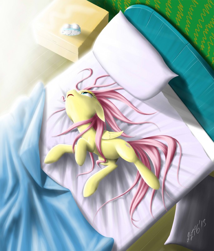 alarm_clock bed bed_sheet bedding blue_eyes clock cutie_mark feathered_wings feathers female feral fur furniture hair inside lying on_back pillow pink_hair solo table wings yellow_body yellow_feathers yellow_fur zigword friendship_is_magic hasbro my_little_pony mythology fluttershy_(mlp) equid equine mammal mythological_creature mythological_equine pegasus 2013 hi_res