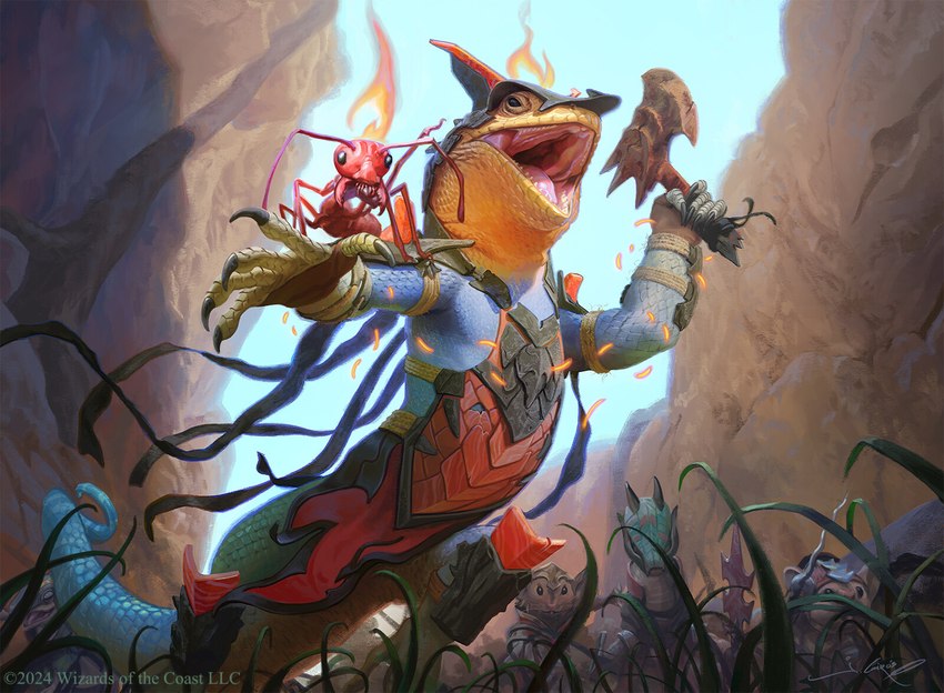 action_pose ambiguous_gender anthro armor axe biped bird's-eye_view blue_body blue_sky copyright_symbol feral fire grass group high-angle_view holding_axe holding_melee_weapon holding_object holding_polearm holding_spear holding_weapon magic melee_weapon open_mouth plant polearm pose red_body red_magic rock scales sky spear symbol weapon joshua_cairos hasbro magic:_the_gathering wizards_of_the_coast ant arthropod hymenopteran insect lizard mammal mouse murid murine reptile rodent scalie hi_res official_art signature