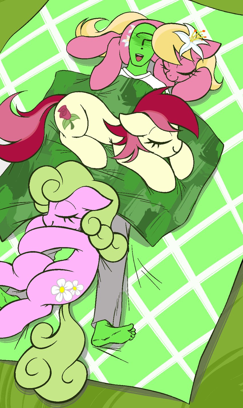 5_toes bedding blanket blonde_mane cuddling cutie_mark detailed_background eyelashes eyes_closed feet female feral fur green_mane green_tail group hooves hugging_leg long_mane long_tail lying male mane multicolored_mane on_back open_mouth open_smile pink_body pink_fur pink_mane pink_tail red_mane red_tail sleeping smile tail tan_body tan_fur text toes two_tone_mane two_tone_tail yellow_tail ather_os friendship_is_magic hasbro my_little_pony anon daisy_(mlp) lily_(mlp) rose_(mlp) earth_pony equid equine horse human mammal pony 2024 digital_drawing_(artwork) digital_media_(artwork) hi_res