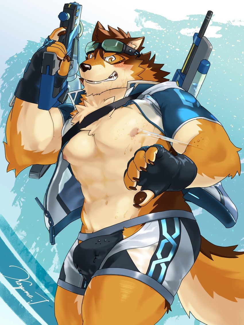 abs anthro bottomwear bulge clothing countershading eyewear fingerless_gloves gloves goggles handwear hip_window male muscular muscular_anthro muscular_male navel nipples pawpads pecs shorts solo swimwear toy toy_gun water_gun wet kozumetako lifewonders live_a_hero barrel_(live_a_hero) canid canine canis mammal wolf 3:4 hi_res