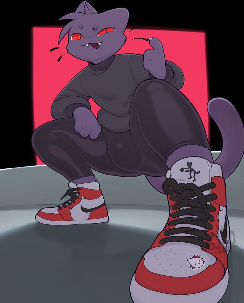 anthro biped black_background bulge clothed clothing crouching fangs footwear fur looking_at_viewer male open_mouth open_smile pupils purple_body purple_fur purple_tail red_background red_eyes shadow shoes simple_background slit_pupils smile solo tail teeth whiskers k1ko k1ko_(character) domestic_cat felid feline felis mammal absurd_res hi_res