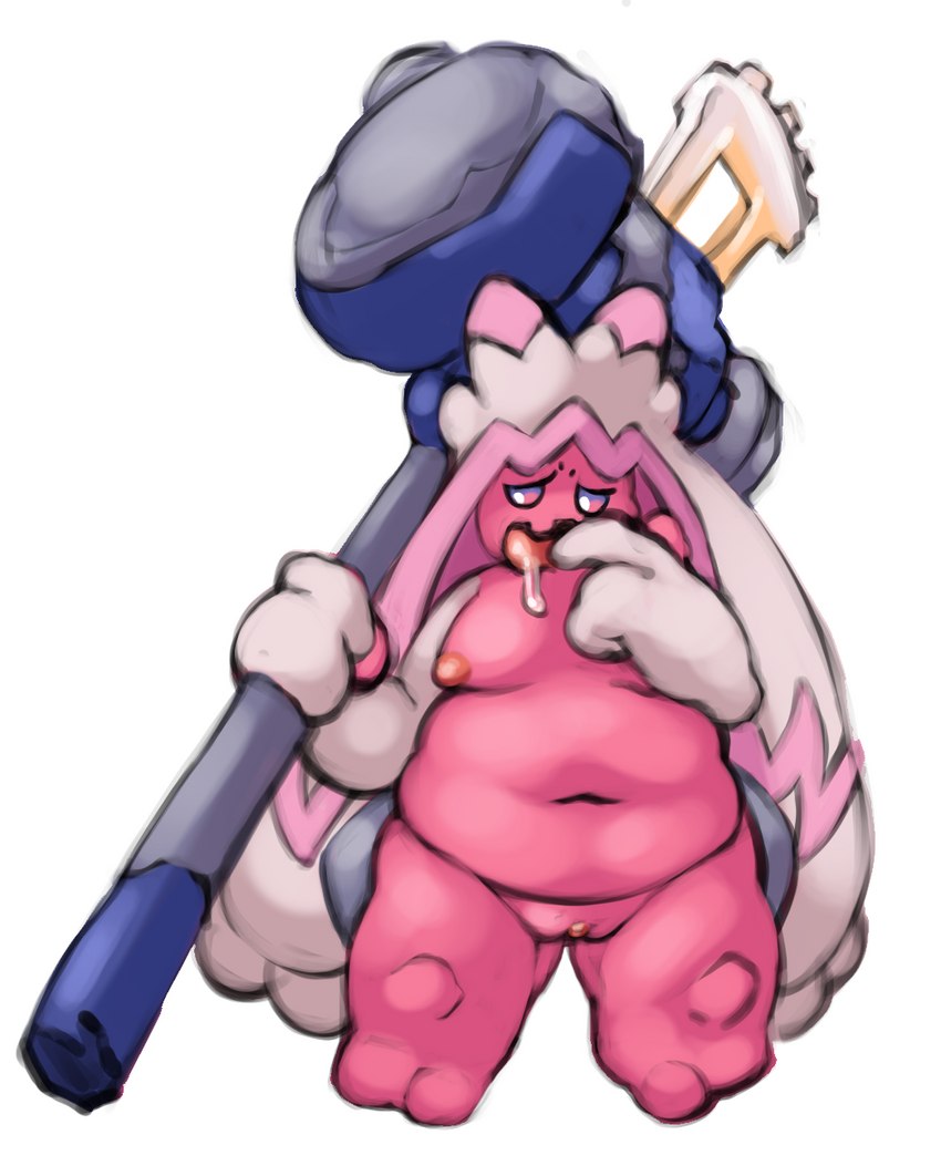 belly big_belly bodily_fluids drooling female finger_in_mouth genitals hammer holding_object holding_weapon not_furry overweight pussy saliva short_stack solo tools weapon weapon_on_shoulder nova_nsfw nintendo pokemon generation_9_pokemon humanoid pokemon_(species) tinkaton hi_res