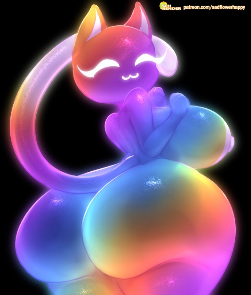 anthro big_breasts big_butt breasts butt eyes_closed female looking_back multicolored_body nipples rainbow_body rear_view solo sparklefur wide_hips sadflowerhappy rainbow_(sadflowerhappy) domestic_cat felid feline felis mammal colorful_theme hi_res