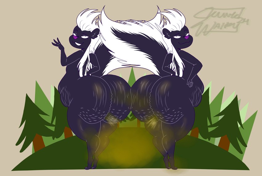 anthro anthrofied ass_to_ass belly big_butt black_body black_fur butt cellulite duo fart fart_cloud fart_fetish farting_at_viewer female female_farting flirting_look forest fur hair half-closed_eyes hands_on_hips huge_butt looking_at_viewer markings narrowed_eyes overweight overweight_anthro overweight_female plant pose smile stretch_marks striped_body striped_fur striped_markings striped_tail stripes tail tail_markings text tree white_body white_fur white_hair wide_hips ravi_skunk open_season maria_(open_season) rosie_(open_season) mammal mephitid skunk 2024 absurd_res hi_res signature