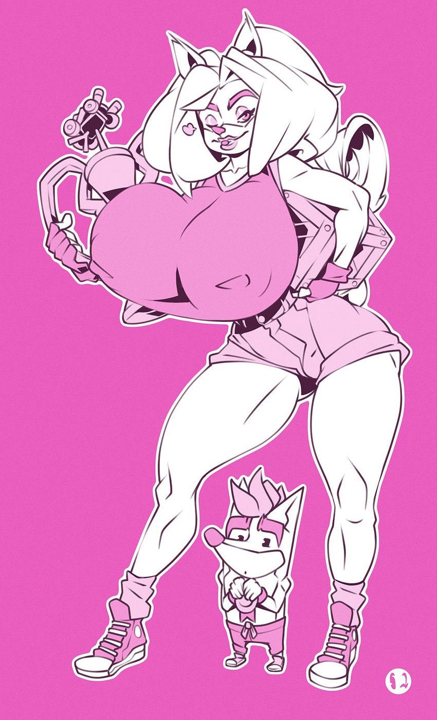anthro award belt big_breasts bottomwear box breasts clothing container denim denim_bottomwear denim_clothing denim_shorts duo female fingerless_gloves footwear gloves handwear heart_symbol huge_breasts larger_female male one_eye_closed shirt shoes shorts size_difference smaller_male thick_thighs topwear trophy wink doppledadko activision crash_bandicoot_(series) crash_bandicoot tawna_bandicoot bandicoot mammal marsupial 2019 hi_res