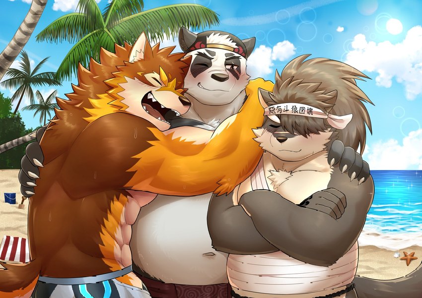 abs anthro arm_around_shoulders beach belly blush bottomwear clothing group hair hug long_hair male male/male musclegut muscular navel one_eye_closed outside overweight overweight_male palm_tree pecs plant ponytail scar seaside shorts swimwear tree trio wink chuurow lifewonders live_a_hero tokyo_afterschool_summoners barrel_(live_a_hero) shino_(tas) bear canid canine canis domestic_dog giant_panda mammal wolf hi_res