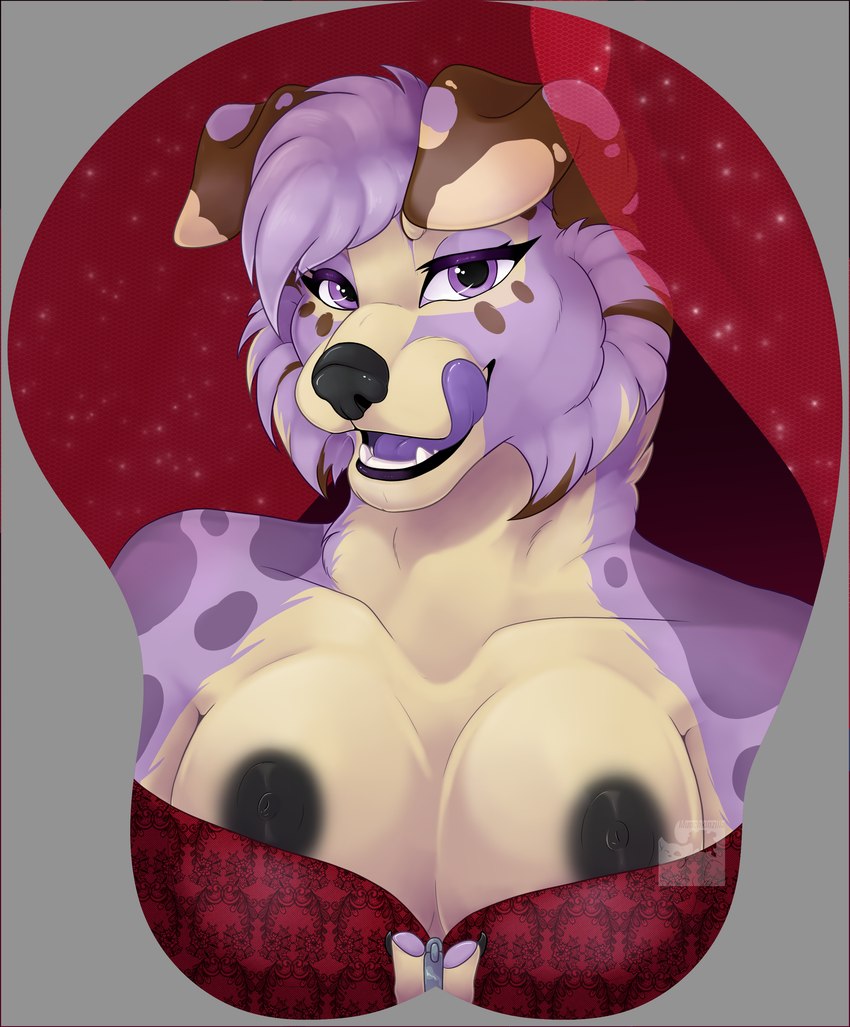 anthro breasts clothing female laika_aussie lingerie mousepad mousepad_design purple_mouth purple_tongue solo tongue munchkinzilla australian_shepherd canid canine canis domestic_dog herding_dog mammal pastoral_dog sheepdog absurd_res hi_res