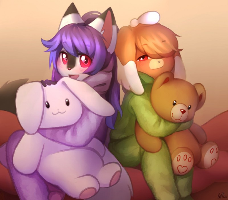 anthro clothed clothing duo female fur hair looking_at_viewer pajamas plushie smile teddy_bear coff canid canine felid mammal