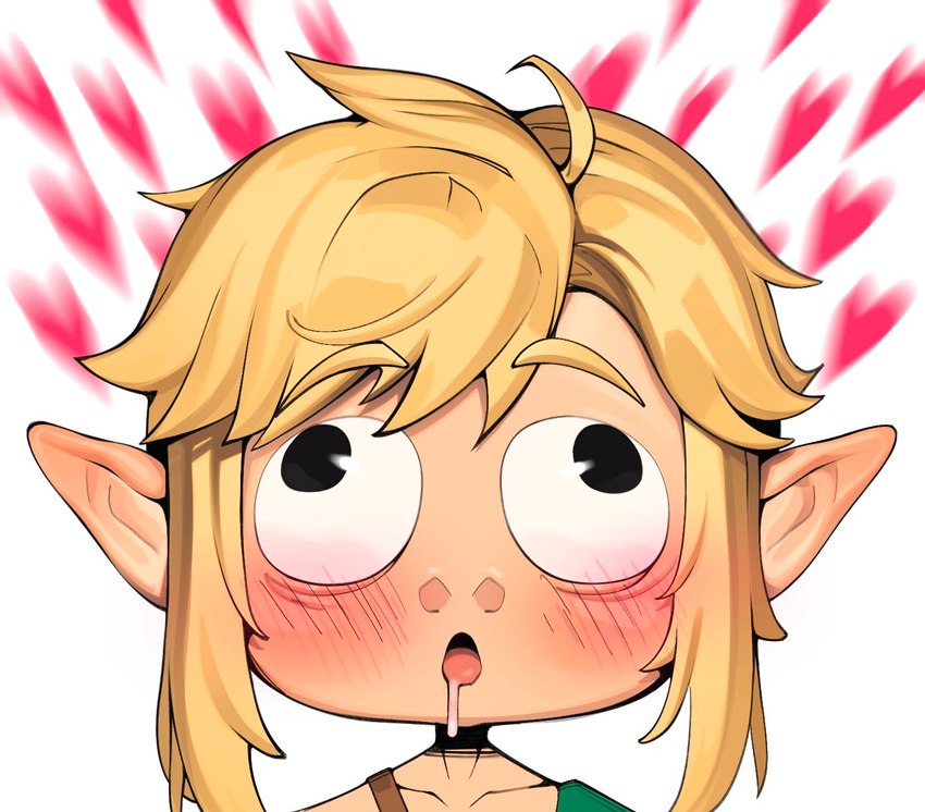 blonde_hair blush bodily_fluids hair heart_symbol humanoid_pointy_ears light_body light_skin male not_furry open_mouth pointy_ears saliva solo wide_eyed slush5244 nintendo the_legend_of_zelda link humanoid hylian 2024 hi_res