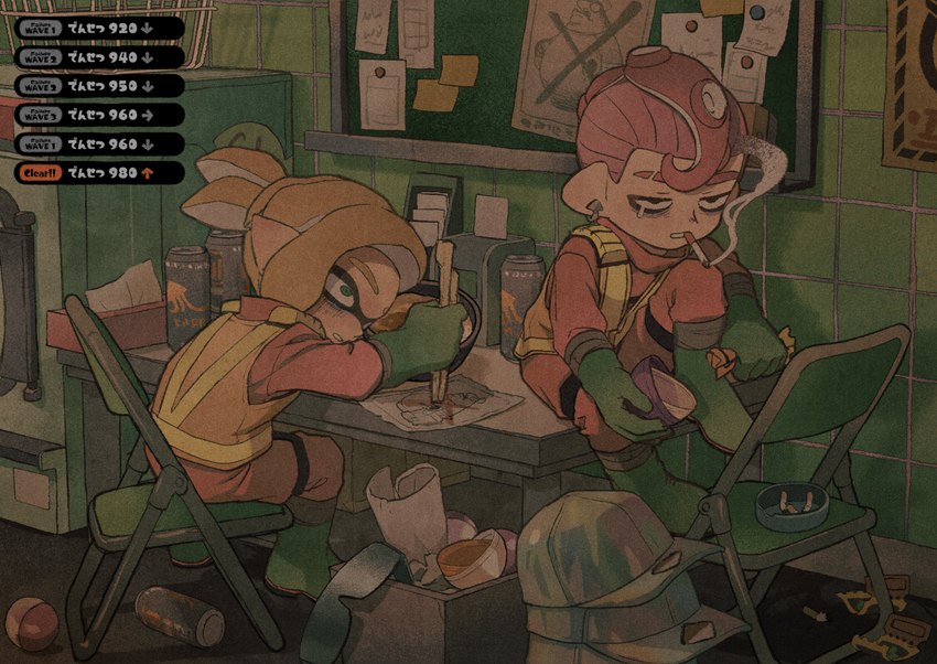 boots cigarette clothing detailed_background duo eyewear footwear gloves handwear hat headgear headwear humor jumpsuit male shoes smoke smoking sunglasses tentacles text vacant_eyes iwa_to_mushi nintendo splatoon animal_humanoid cephalopod cephalopod_humanoid humanoid inkling marine marine_humanoid mollusk mollusk_humanoid octarian octoling absurd_res hi_res japanese_text