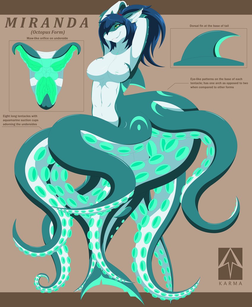 anthro anus blue_hair breasts brown_background dorsal_fin ear_piercing female fin genitals glistening glistening_body glistening_hair glistening_skin glistening_tentacles green_anus green_body green_eyes green_skin green_stripes hair hands_behind_head hiding_nipple key obscured_nipples octopussy open_mouth orifice piercing ponytail pussy red_ribbon simple_background skin_pattern smile solo split_form stripes suction_cup symbol tentacles text unusual_anatomy white_body white_skin zipper karmas-camera cecaelia cephalopod coleoid fish hybrid marine merfolk mollusk octopodiform octopus shark 2019 hi_res