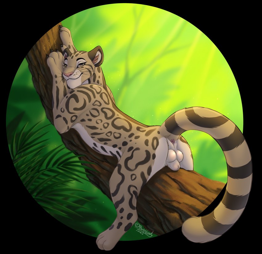 anatomically_correct anatomically_correct_genitalia animal_genitalia anus balls bedroom_eyes butt claws feline_sheath feral fully_sheathed fur genitals in_tree looking_at_viewer looking_back looking_back_at_viewer lying male markings narrowed_eyes nature on_front outside paws plant presenting presenting_hindquarters quadruped raised_tail rear_view seductive sheath smile smiling_at_viewer solo spots spotted_body spotted_fur tail tail_anus tan_body tan_fur tree whiskers roughlady jan_(shape-shifter) clouded_leopard felid mammal neofelis pantherine 2023 digital_drawing_(artwork) digital_media_(artwork) signature