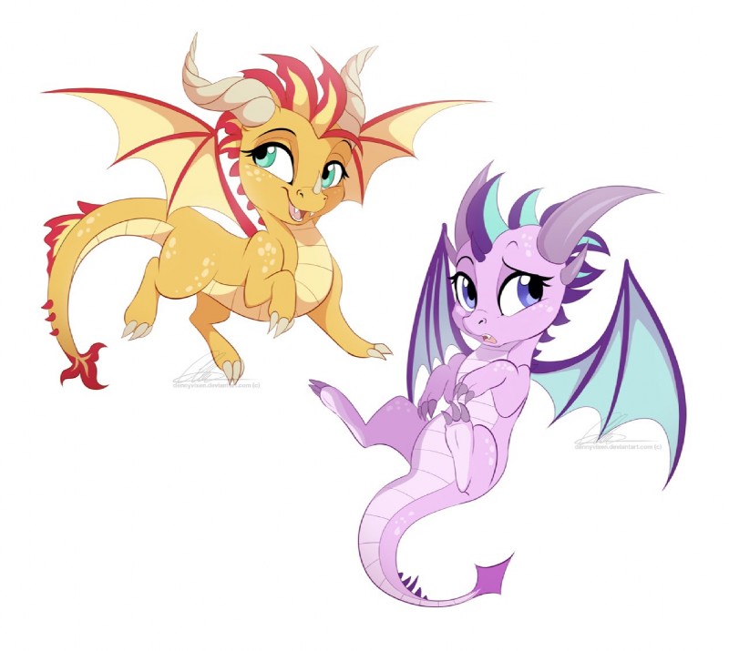 alternate_species dragonification dragonified duo fangs female horn tail teeth dvixie equestria_girls friendship_is_magic hasbro my_little_pony mythology starlight_glimmer_(mlp) sunset_shimmer_(eg) dragon mythological_creature mythological_scalie scalie 2017