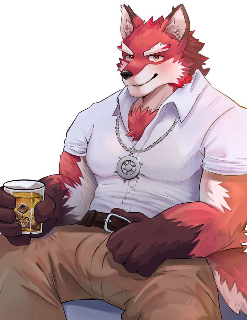 anthro big_muscles biped countershade_fur countershading drinking_beer fur light_blush looking_at_viewer male muscular muscular_anthro muscular_male orange_eyes red_body red_fur sitting solo white_body white_countershading ooo027470112395 knights_college diederich_olsen canid canine canis mammal wolf 2024 hi_res