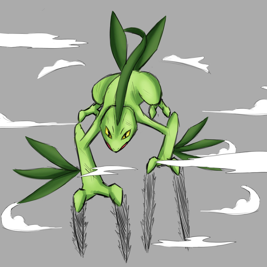 2_fingers 2_toes all_fours ambiguous_gender attack feet feral fingers green_body grey_background leaf leaf_hair leaf_tail plant plant_hair pseudo_hair semi-anthro simple_background solo tail toes yellow_sclera hashouty nintendo pokemon generation_3_pokemon grovyle pokemon_(species) reptile scalie 1:1 hi_res