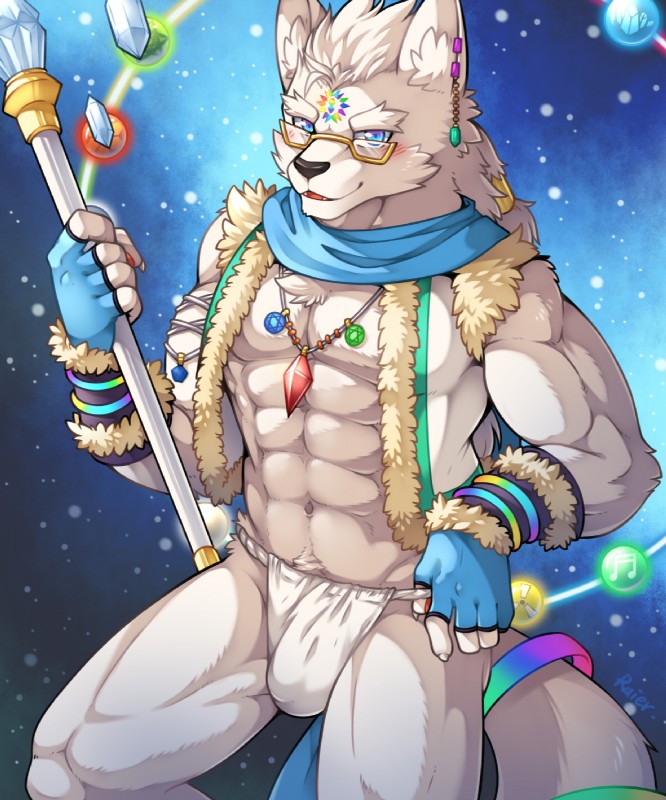 abs anthro asian_clothing biceps blush clothing east_asian_clothing eyewear fundoshi glasses japanese_clothing jewelry kemono male muscular muscular_anthro muscular_male necklace pecs solo underwear unrealplace canid canine canis mammal wolf 2018 hi_res signature