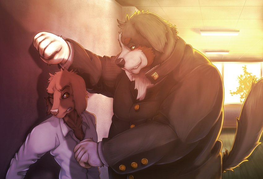 anthro belly big_belly black_body black_fur blush brown_body brown_fur clothing detailed_background duo fur humanoid_hands inside kemono male one_eye_closed overweight overweight_male shirt size_difference topwear white_body white_fur oaks16 bernese_mountain_dog canid canine canis domestic_dog mammal molosser mountain_dog swiss_mountain_dog 2013 hi_res