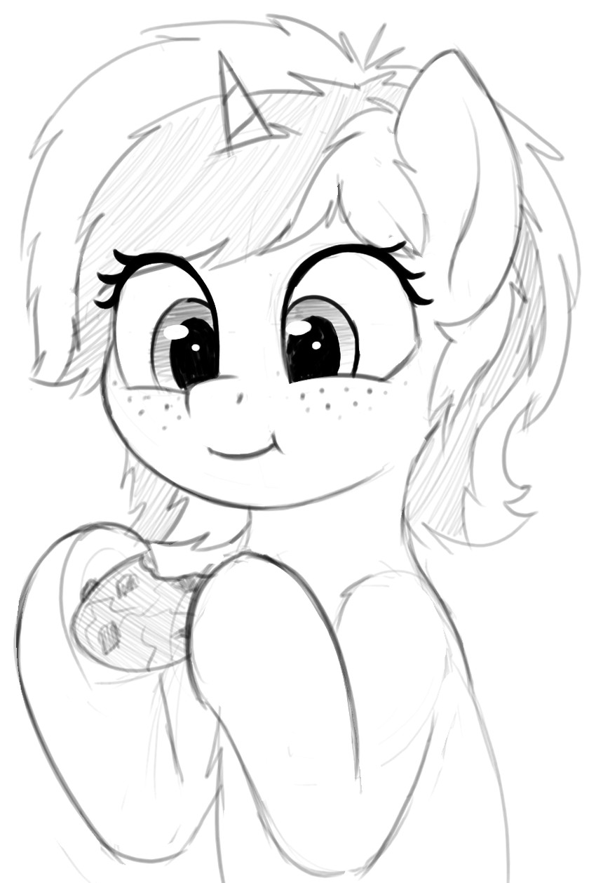 anthro cookie eating female food freckles fur horn simple_background smile solo zippysqrl friendship_is_magic hasbro my_little_pony mythology fan_character sign_(character) equid equine horse mammal mythological_creature mythological_equine pony unicorn 2019 hi_res monochrome