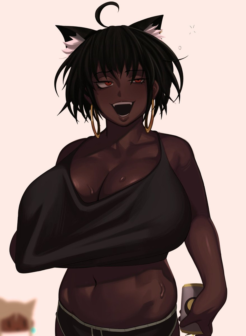 big_breasts bodily_fluids breasts cleavage clothed clothing dark_body dark_skin drunk ear_piercing ear_ring female huge_breasts open_mouth piercing ring_piercing solo substance_intoxication sweat kevbot animal_humanoid cat_humanoid felid felid_humanoid feline feline_humanoid humanoid mammal mammal_humanoid hi_res