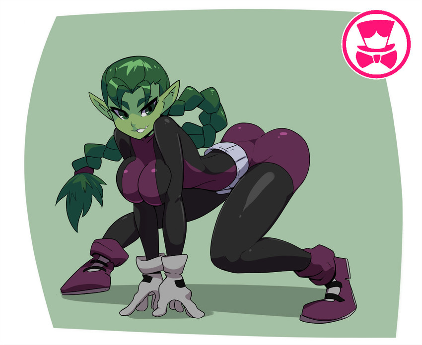 big_breasts breasts clothed clothing crossgender female green_body green_hair green_skin hair humanoid_pointy_ears looking_at_viewer mtf_crossgender not_furry pointy_ears solo schpicy cartoon_network dc_comics teen_titans teen_titans_(television_series) beast_boy humanoid