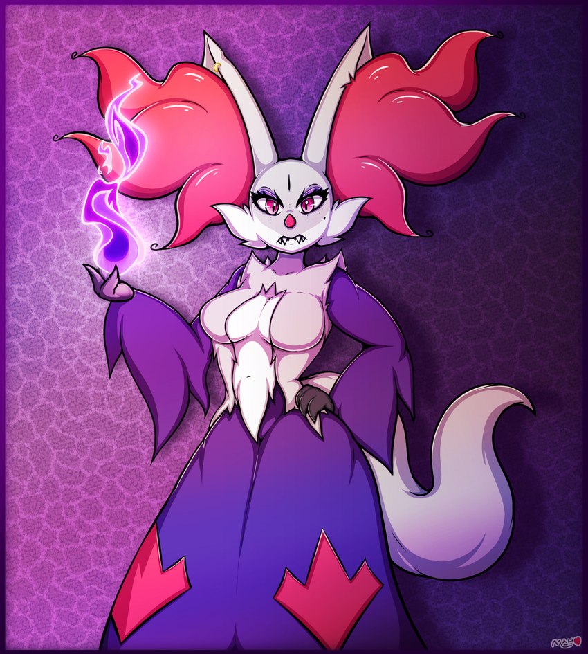 anthro breasts ear_piercing eyeshadow female fire freckles hand_on_hip inner_ear_fluff looking_at_viewer makeup markings mole_(marking) piercing solo standing teeth tuft mahoxy nintendo pokemon dahlia_(mahoxy) canid canine delphox generation_6_pokemon mammal pokemon_(species) shiny_pokemon hi_res