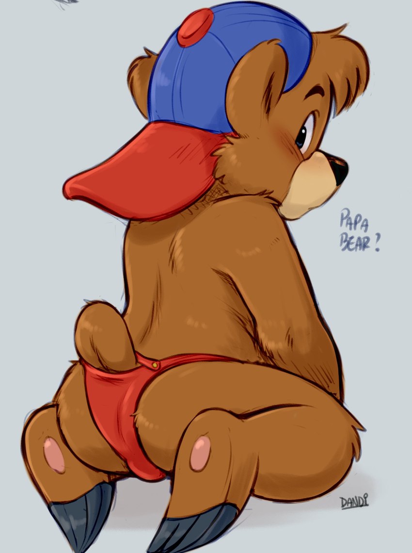 anthro backwards_hat blue_clothing blue_hat blue_headwear blush bottomwear brown_body brown_fur clothing fur hat headgear headwear male red_bottomwear red_clothing red_hat red_headwear red_speedo red_swimwear solo speedo swimwear young young_anthro young_male dandi disney talespin kit_cloudkicker bear mammal hi_res