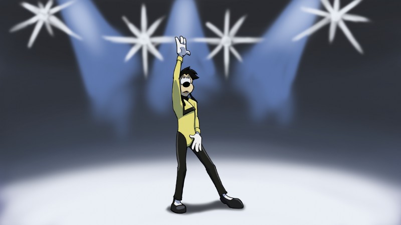 4_fingers anthro biped black_hair black_nose clothed clothing cosplay dancing eyebrows fingers footwear fully_clothed gloves hair handwear lights looking_up male raised_inner_eyebrows shoes solo stage white_clothing white_gloves white_handwear cirruskitfox disney goof_troop max_goof powerline_(goof_troop) canid canine canis domestic_dog mammal 16:9 2013 hi_res widescreen