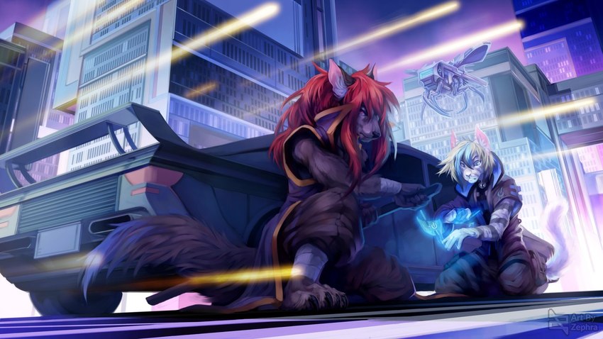 4_toes 5_fingers anthro brown_hair city clothed clothing detailed_background duo feet fingers hair male night outside toes zephra taji_amatsukaze canid canine canis felid feline mammal wolf 16:9 2021 digital_media_(artwork) widescreen