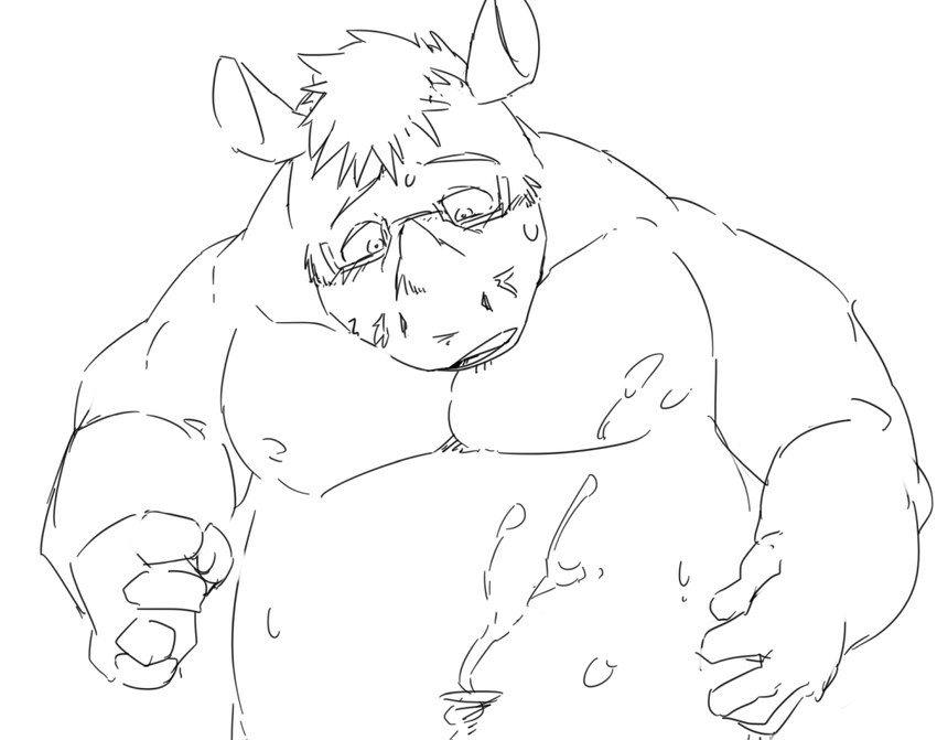 anthro belly blush bodily_fluids cum eyewear genital_fluids glasses horn humanoid_hands kemono male musclegut muscular nipples simple_background solo train_(artist) mammal rhinoceros 2022 monochrome sketch