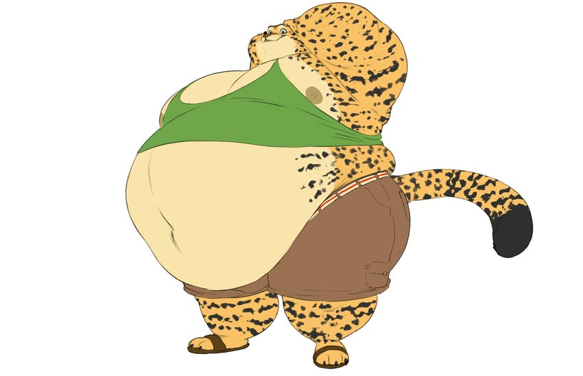 anthro belly big_belly big_butt big_cheeks big_moobs big_pecs black_spots bottomwear brown_bottomwear brown_clothing brown_shorts butt chubby_cheeks clothing footwear fur green_clothing green_shirt green_tank_top green_topwear hand_behind_head huge_belly hyper hyper_belly male moobs morbidly_obese morbidly_obese_anthro morbidly_obese_male musclegut muscular navel nipples obese obese_anthro obese_male overweight overweight_anthro overweight_male pecs sandals shirt shoes shorts simple_background smile solo spots tan_nipples tank_top thick_thighs tight_clothing topwear white_background yellow_body yellow_fur kosmonius disney zootopia benjamin_clawhauser cheetah felid feline mammal hi_res