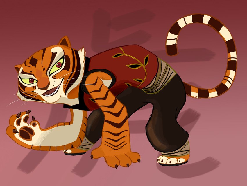 abstract_background anthro asian_clothing chinese_clothing claws clothed clothing east_asian_clothing feet female fur handpaw markings open_mouth open_smile orange_body orange_fur pawpads paws red_eyes smile solo striped_markings striped_tail stripes tail tail_markings whiskers graystripe64 dreamworks kung_fu_panda master_tigress felid mammal pantherine tiger 2011 4:3 digital_media_(artwork) hi_res shaded