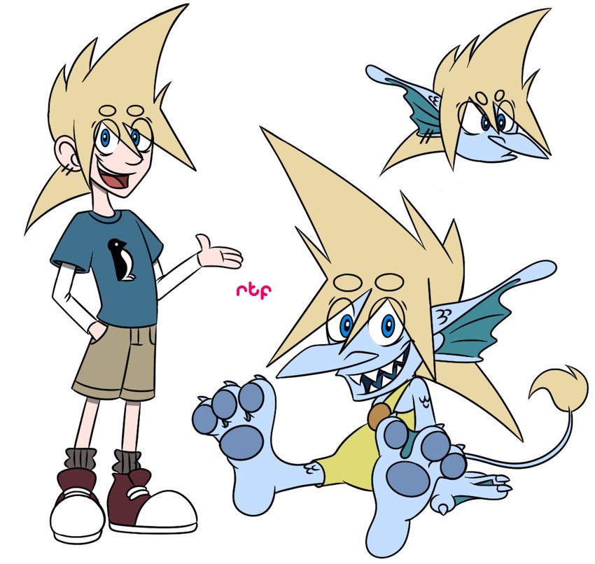 3_toes 4_fingers adolescent alternate_species alternate_universe bangs big_ears big_eyes big_hair big_head big_mouth_(anatomy) big_nose big_nostrils blonde_eyebrows blonde_hair blue_body blue_claws blue_clothing blue_ears blue_eyes blue_feet blue_hands blue_nose blue_scales blue_shirt blue_tail blue_tongue blue_topwear bottomwear bright_eyes bronze_(metal) button_(fastener) circle_eyebrows claws clothed clothing dark_inner_ear denim denim_clothing ear_fins ear_piercing exposed_teeth eyebrow_through_hair eyebrows feet fin finger_claws fingers footwear forearms glistening glistening_eyes grey_clothing grey_footwear grey_socks hair hair_between_eyes hair_over_eye hair_over_face humanoid_feet humanoid_hands humanoid_nose iris light_body light_claws light_eyebrows light_eyes light_feet light_hair light_nose light_scales light_shirt light_tail light_tuft logo long_bangs long_ears long_nose long_tail male membrane_(anatomy) metal monotone_body monotone_clothing monotone_footwear monotone_hair monotone_scales monotone_socks monotone_tail multicolored_clothing multicolored_shirt multicolored_topwear open_mouth open_smile overall_pants overalls overalls_only overbite piercing plantigrade pointed_nose pupils raised_arm raised_hand raised_hands red_clothing red_footwear red_shoes scaled_body scaled_forearms scaled_legs scales sharp_teeth shirt shirt_logo shoelaces shoes short shorts simple_background smile smile_lines socks solo spiky_hair straight_bangs straps t-shirt tail tail_motion tail_sway tail_tuft tan_bottomwear tan_clothing teal_inner_ear teeth teeth_showing thick_eyebrows thin_tail thumb toe_claws toes tongue toony topless topless_male topwear transformation translucent translucent_hair tuft undershirt wavy_tail webbed_feet webbed_hands white_background white_clothing white_footwear white_shirt white_shoes white_topwear yellow_clothing yellow_overalls young young_human young_humanoid young_male conditional_dnp rachelfictionkin booba_(series) hugo_(series) satsuriku_no_tenshi fan_character roofie_the_goblin_(rachelfictionkin) avian bird fish goblin human humanoid mammal marine penguin sea_creature sea_monster 2024 cel_shading colored colored_line_art digital_drawing_(artwork) digital_media_(artwork) shaded